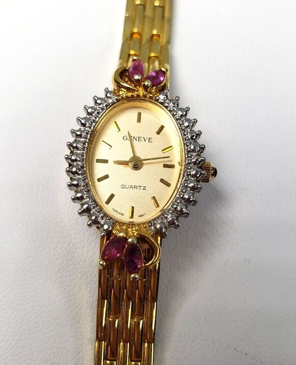 Vtg1960s Geneve Quartz Thailand Movement Gold Womens Oval Watch Rubies Hong Kong main image 7